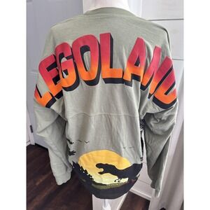 Legoland Spirit Jersey Shirt Womens Small Green Dinosaur T Rex Sunset Graphic